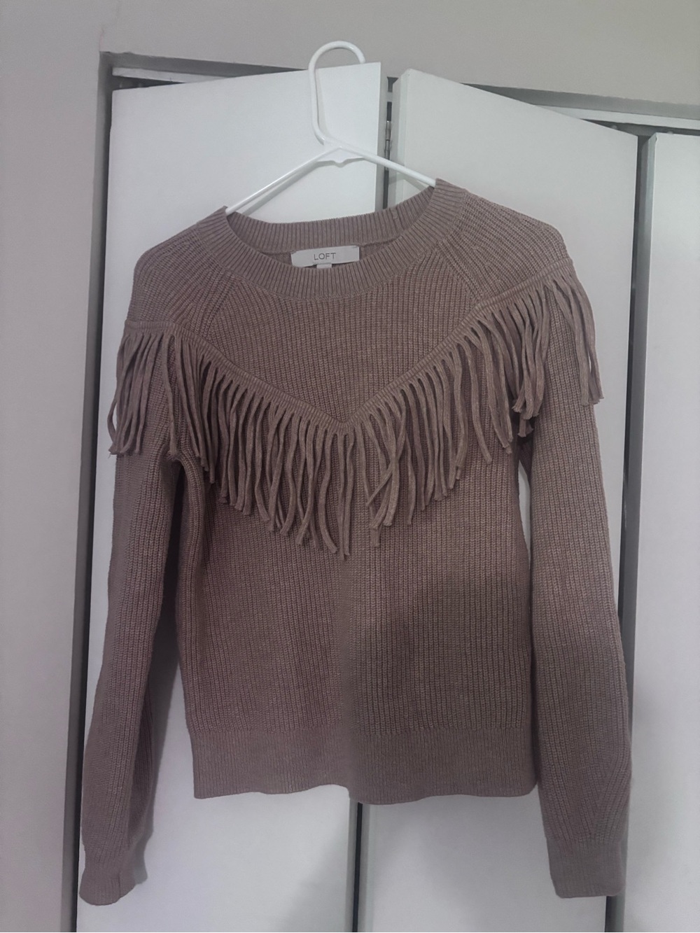 LOFT Taupe Fringe Ribbed Crewneck Sweater